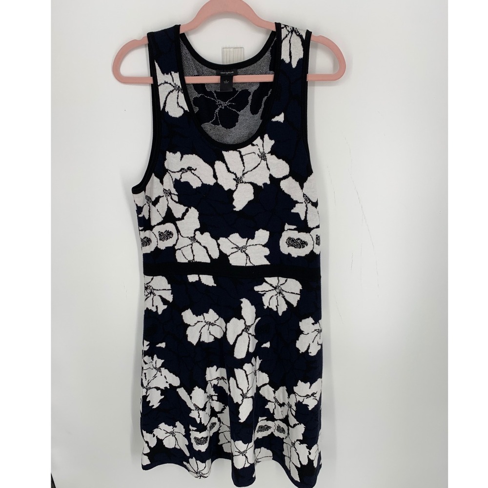 Ann Taylor Navy White Floral Jacquard Sleeveless Knit Sweater Dress Large NWOT
